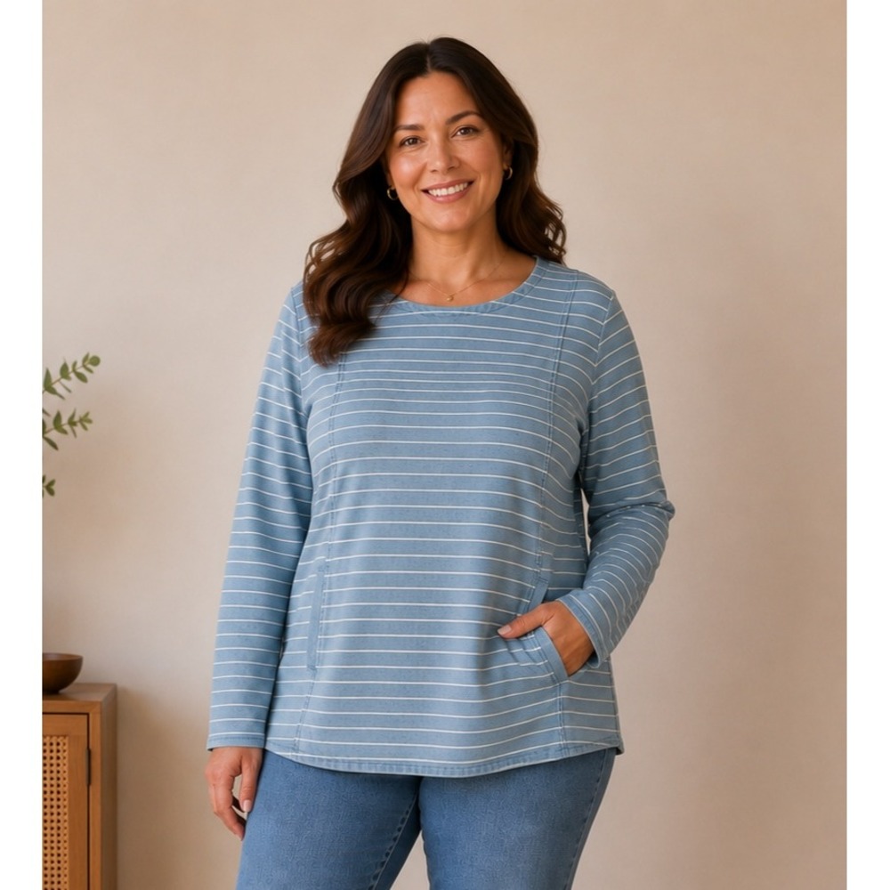 Pure Jill Indigo Sweatshirt Women‎ L Petite Blue Striped Pocket Tunic Top